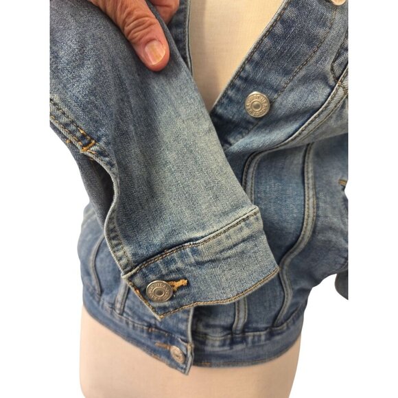 Justusa Denim Stretch Jean Jacket Women Sz S Buttons Distress Pockets Adjust Hem - Picture 4 of 10